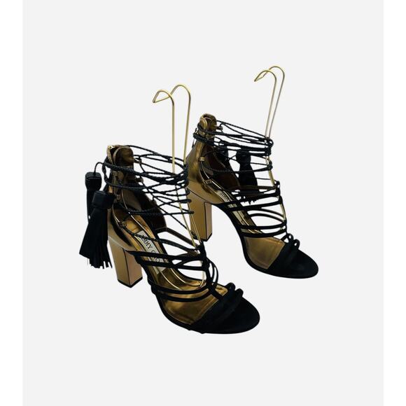 Jimmy Choo Diamond Black Satin Honey Gold Leather Sandals Tassels Heels Size 38 - Picture 2 of 13